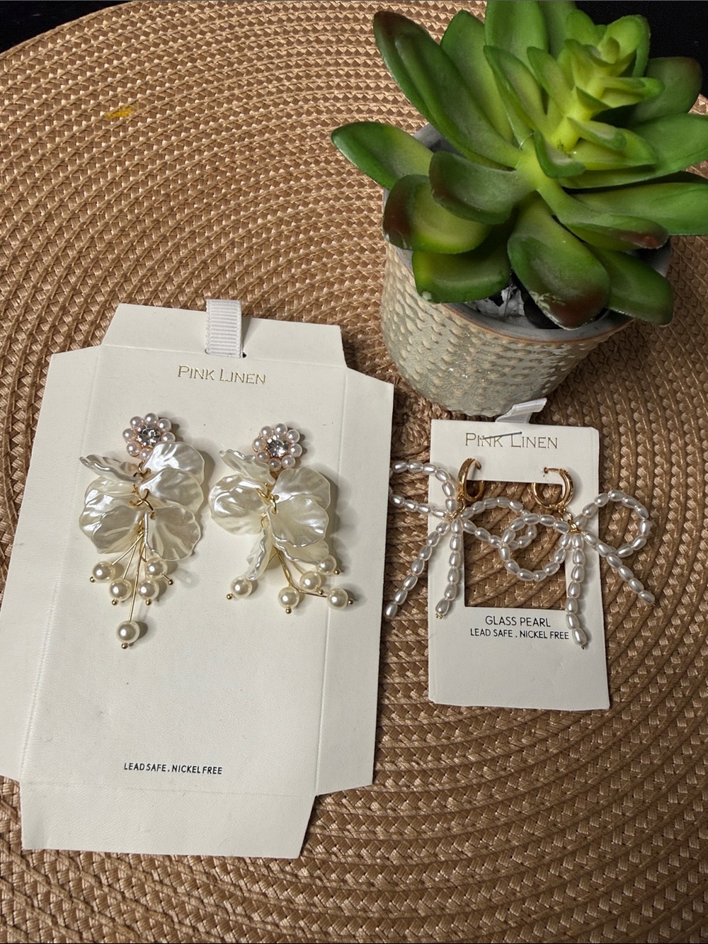 Pink Linen BUNDLE 🔥 Cream Pearl Floral Drop Earrings - Glass Pearl Accents